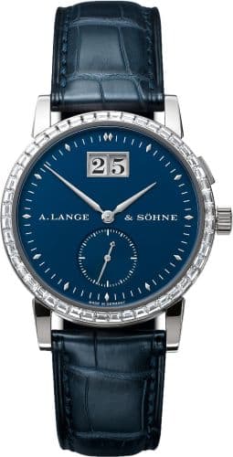 Saxonia Big Date White Gold - Baguette / Blue — photo from WatchBase · Photo: WatchBase · © WatchBase, used with permission · Source: https://watchbase.com/a-lange-sohne/saxonia/803-028
