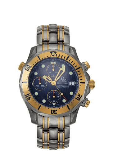 Seamaster Diver 300M Automatic 41.5 Chronograph Titanium / Yellow Gold / Blue / Bracelet — photo from WatchBase · Photo: WatchBase · © WatchBase, used with permission · Source: https://watchbase.com/omega/seamaster-diver-300m/2297-80-00