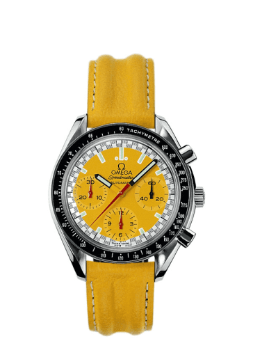 Speedmaster Reduced Stainless Steel / Yellow / Strap / Schumacher — photo from WatchBase · Photo: WatchBase · © WatchBase, used with permission · Source: https://watchbase.com/omega/speedmaster-reduced/3810-12-40