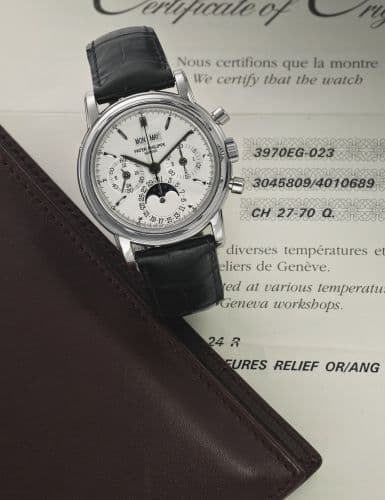 Perpetual Calendar Chronograph 3970 White Gold / Silver — photo from WatchBase · Photo: WatchBase · © WatchBase, used with permission · Source: https://watchbase.com/patek-philippe/grand-complications/3970eg-023