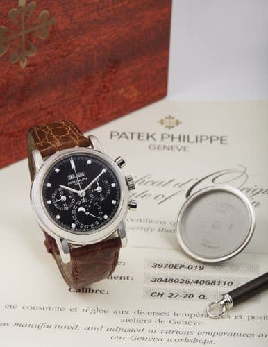 Perpetual Calendar Chronograph 3970 Platinum / Black Diamond — photo from WatchBase · Photo: WatchBase · © WatchBase, used with permission · Source: https://watchbase.com/patek-philippe/grand-complications/3970ep-019