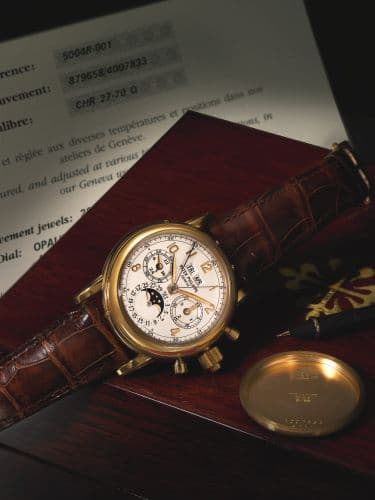 Perpetual Calendar Split Seconds Chronograph 5004 Rose Gold / Silver Arabic — photo from WatchBase · Photo: WatchBase · © WatchBase, used with permission · Source: https://watchbase.com/patek-philippe/grand-complications/5004r-001