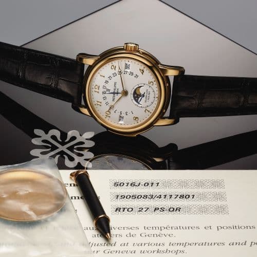 Tourbillon Minute Repeater Perpetual Calendar 5016 Yellow Gold — photo from WatchBase · Photo: WatchBase · © WatchBase, used with permission · Source: https://watchbase.com/patek-philippe/grand-complications/5016j-011