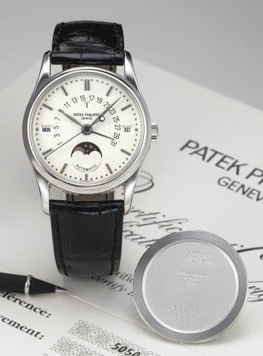 Perpetual Calendar 5050 Platinum / Silver Stick — photo from WatchBase · Photo: WatchBase · © WatchBase, used with permission · Source: https://watchbase.com/patek-philippe/grand-complications/5050p-xx1