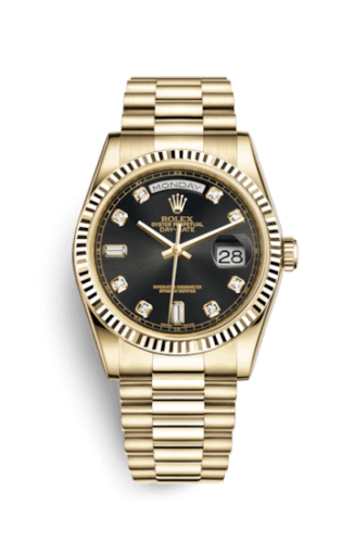 Day-Date 36 Yellow Gold Fluted / President / Black Diamonds — photo from WatchBase · Photo: WatchBase · © WatchBase, used with permission · Source: https://watchbase.com/rolex/day-date/118238-0076