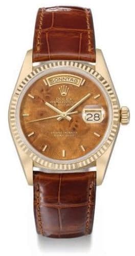 Day-Date 18038 — photo from WatchBase · Photo: WatchBase · © WatchBase, used with permission · Source: https://watchbase.com/rolex/day-date/18038-burr-wood