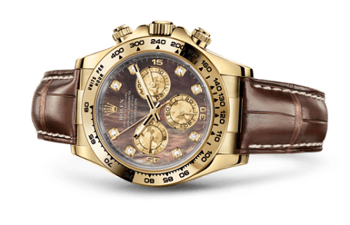 Cosmograph Daytona Yellow Gold / Black Mother of Pearl / Strap — photo from WatchBase · Photo: WatchBase · © WatchBase, used with permission · Source: https://watchbase.com/rolex/daytona/116518-0073