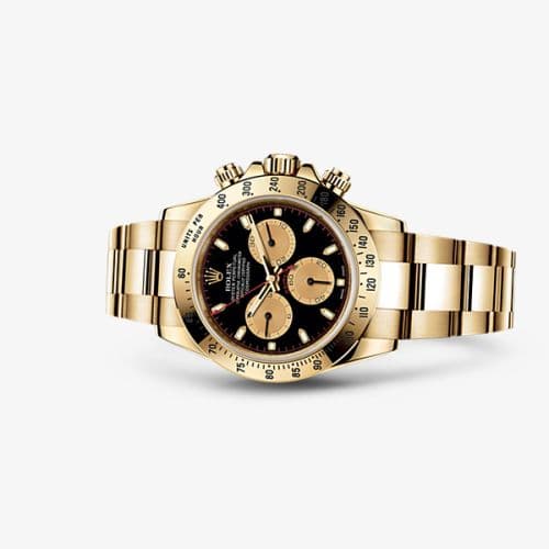 Daytona Yellow Gold Black Champagne — photo from WatchBase · Photo: WatchBase · © WatchBase, used with permission · Source: https://watchbase.com/rolex/daytona/116528-0036