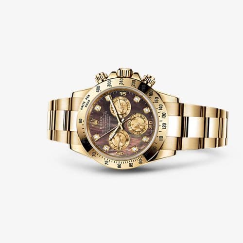 Daytona Yellow Gold Black Mother of Pearl Diamonds — photo from WatchBase · Photo: WatchBase · © WatchBase, used with permission · Source: https://watchbase.com/rolex/daytona/116528-0039