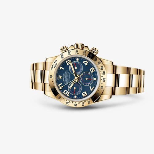 Cosmograph Daytona Yellow Gold / Blue Racing — photo from WatchBase · Photo: WatchBase · © WatchBase, used with permission · Source: https://watchbase.com/rolex/daytona/116528-0037