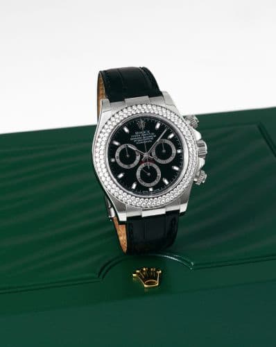 Daytona White Gold Double Row Strap Black — photo from WatchBase · Photo: WatchBase · © WatchBase, used with permission · Source: https://watchbase.com/rolex/daytona/116589rbr-0001