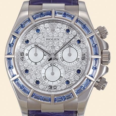 Daytona White Gold Blue Sapphire Strap Paved — photo from WatchBase · Photo: WatchBase · © WatchBase, used with permission · Source: https://watchbase.com/rolex/daytona/116589sacii-0001