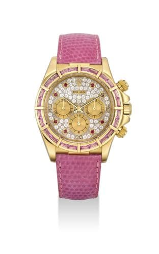 Daytona Zenith Yellow Gold Pink Sapphire Paved — photo from WatchBase · Photo: WatchBase · © WatchBase, used with permission · Source: https://watchbase.com/rolex/daytona/16588safu-0002