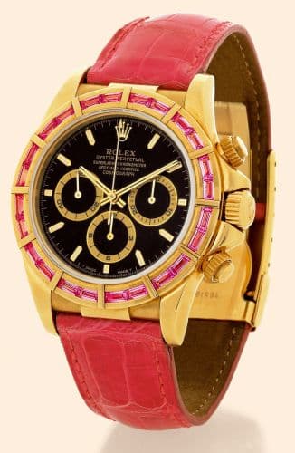 Daytona Zenith Yellow Gold Pink Sapphire Black — photo from WatchBase · Photo: WatchBase · © WatchBase, used with permission · Source: https://watchbase.com/rolex/daytona/16588safu-0001