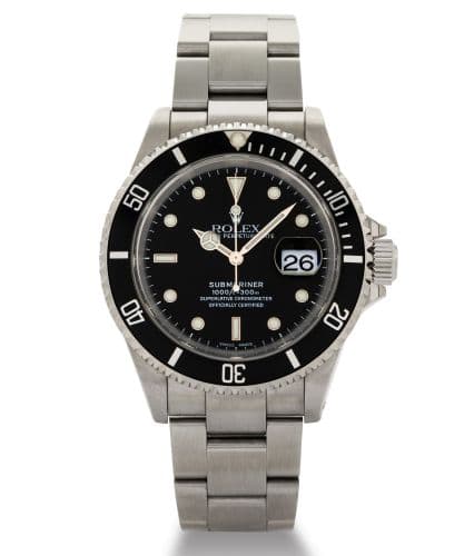 Submariner Date 16610 SuperLuminova — photo from WatchBase · Photo: WatchBase · © WatchBase, used with permission · Source: https://watchbase.com/rolex/submariner/16610-superluminova