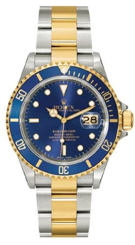 Submariner Date 16613 Blue Tritium — photo from WatchBase · Photo: WatchBase · © WatchBase, used with permission · Source: https://watchbase.com/rolex/submariner/16613-blue-superluminova