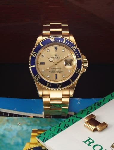 Submariner 16618 Gold Serti — photo from WatchBase · Photo: WatchBase · © WatchBase, used with permission · Source: https://watchbase.com/rolex/submariner/16618-gold-serti