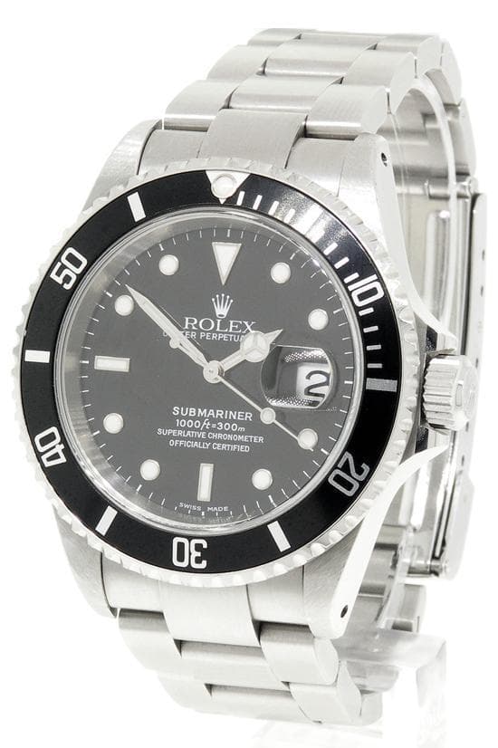 Rolex Submariner Date ref. 16610 (300 m), black dial and bezel on Oyster bracelet; reference stated in the file description. · Photo: FrankWilliams (English Wikipedia) · Public domain · Source: https://commons.wikimedia.org/wiki/File:Rolex-Submariner.jpg