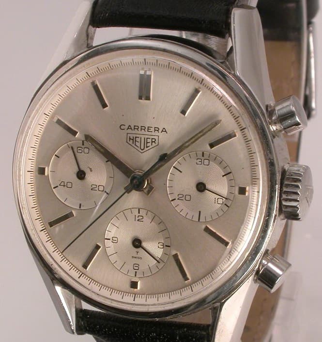 Heuer Carrera chronograph, circa 1964, ref. 2447S; reference stated in the file description. · Photo: Jeff Stein · Public domain · Source: https://commons.wikimedia.org/wiki/File:Heuer_Carrera_1964.jpg